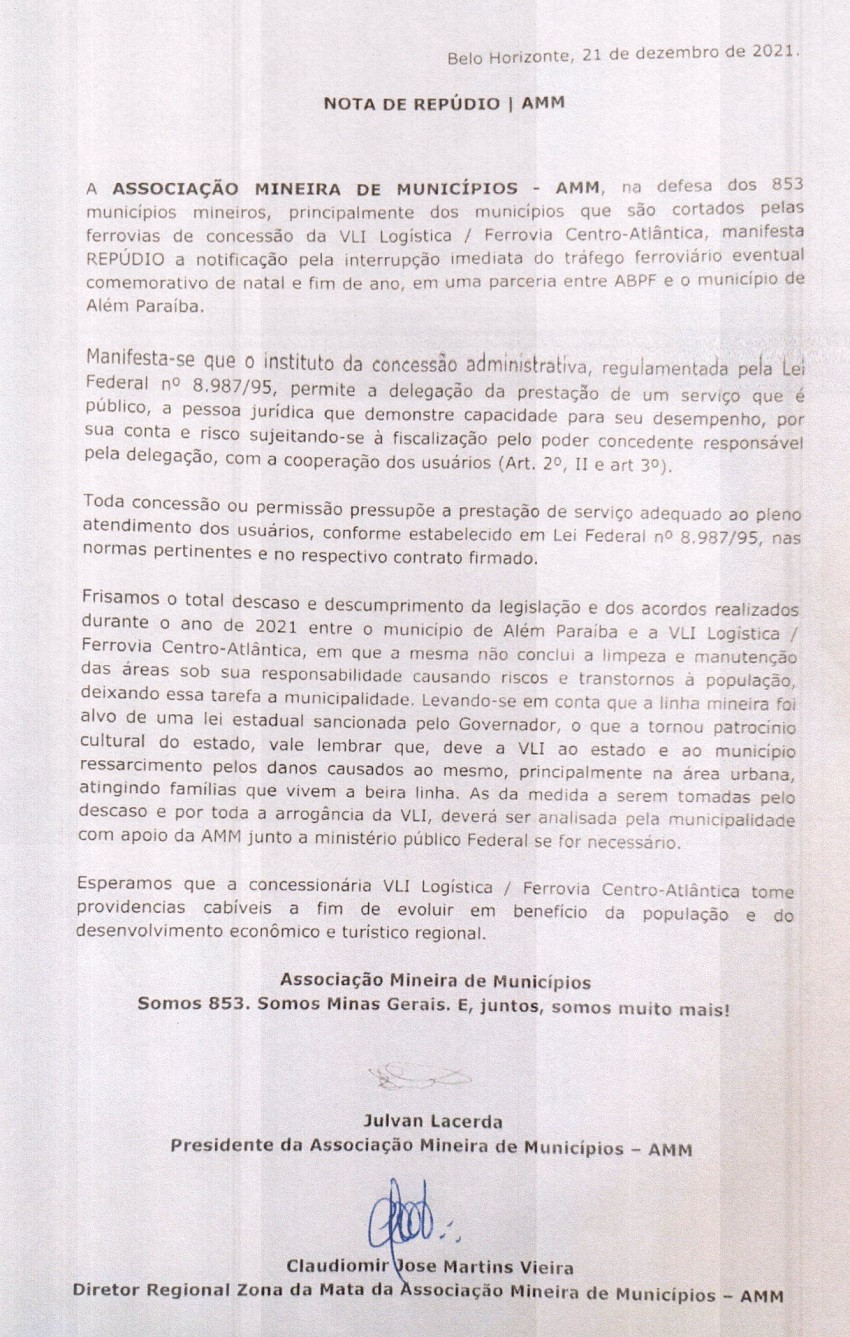VLI entra com ação para impedir que a Locomotiva 51 trafegue sobre os trilhos de Além Paraíba. AMM publica nota de repúdio. Prefeito e vice indignados com a atitude