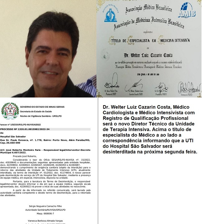 UTI DO HOSPITAL ATÉ ENTÃO INTERDITADA VOLTA A FUNCIONAR SEGUNDA FEIRA, 21 DE FEVEREIRO. DR. WELTER SERÁ O NOVO RESPONSÁVEL