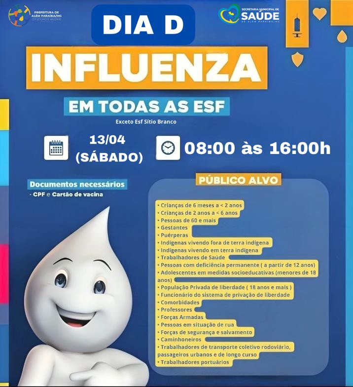 Secretaria de Saúde convida a todos para mais um Dia D de vacinação contra gripe (Influenza) no próximo sábado, 13 de abril