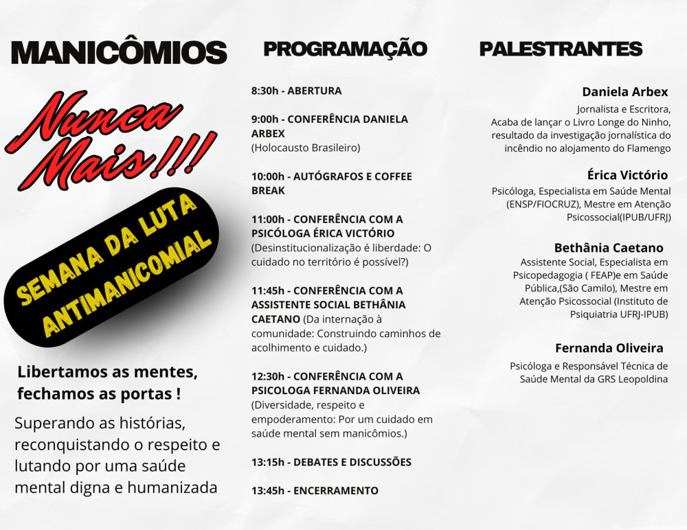 Manicômios nunca mais: Semana da Luta Anti manicomial será realizada em Além Paraíba