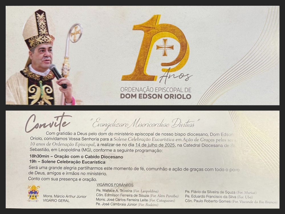 MISSA EM AÇÃO DE GRAÇAS PELOS 10 ANOS DE EPISCOPADO DE DOM EDSON ORIOLO ACONTECE SEGUNDA, DIA 14 DE JULHO