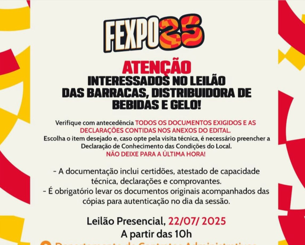 LEILÃO PARA VENDA DE BARRACAS NA FEXPO ACONTECE DIA 22, 10 HORAS, NA PREFEITURA