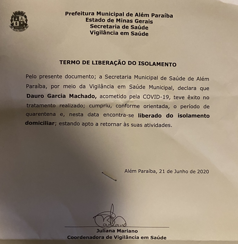 Radialista e Diretor do Jornal A Gazeta, Dauro Machado, deixa a quarentena após ser infectado pela Covid-19 enquanto sua Mãe e Irmã seguem internadas em Juiz de Fora