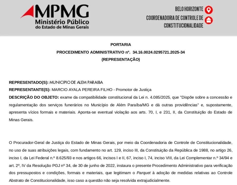 PROCURADOR GERAL DE JUSTIÇA DO ESTADO DÁ 30 DIAS PARA A CÂMARA INFORMAR A VIGÊNCIA DA LEI DO MONOPÓLIO DAS FUNERÁRIAS