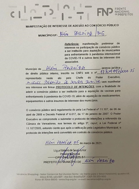 Município adere ao Consórcio de Municípios para compra de vacinas caso o Plano de Imunização venha a ser cumprido