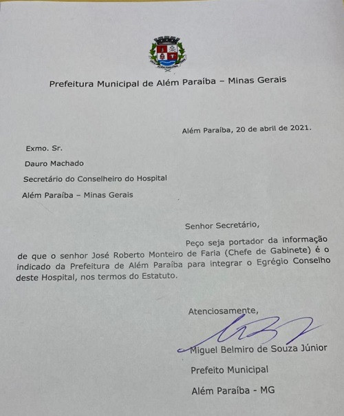 Prefeito nomeia Chefe de Gabinete, José Roberto Monteiro Faria para ocupar vaga da Prefeitura no Conselho do Hospital