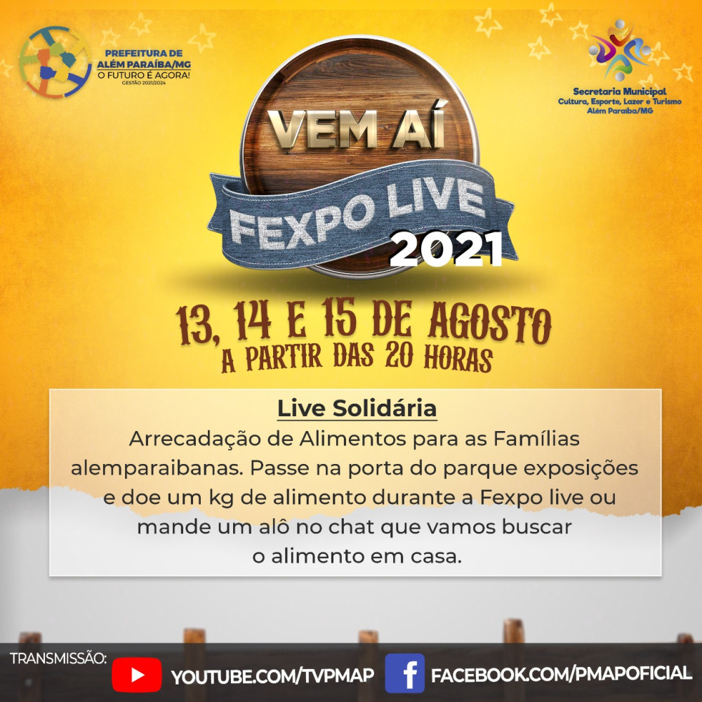 Começa sexta feira a FEXPO 2021 (live) com arrecadação de alimentos para pessoas carentes.